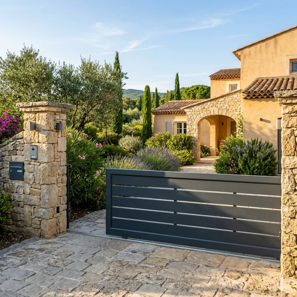 Portail coulissant aluminium moderne sur une maison provençale